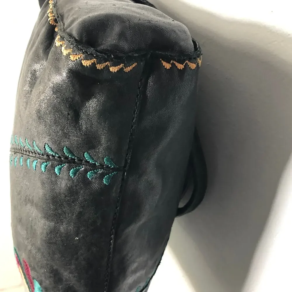Lucky Brand Abbey Road Lambs Leather Embroidered Cross Body Tote Black